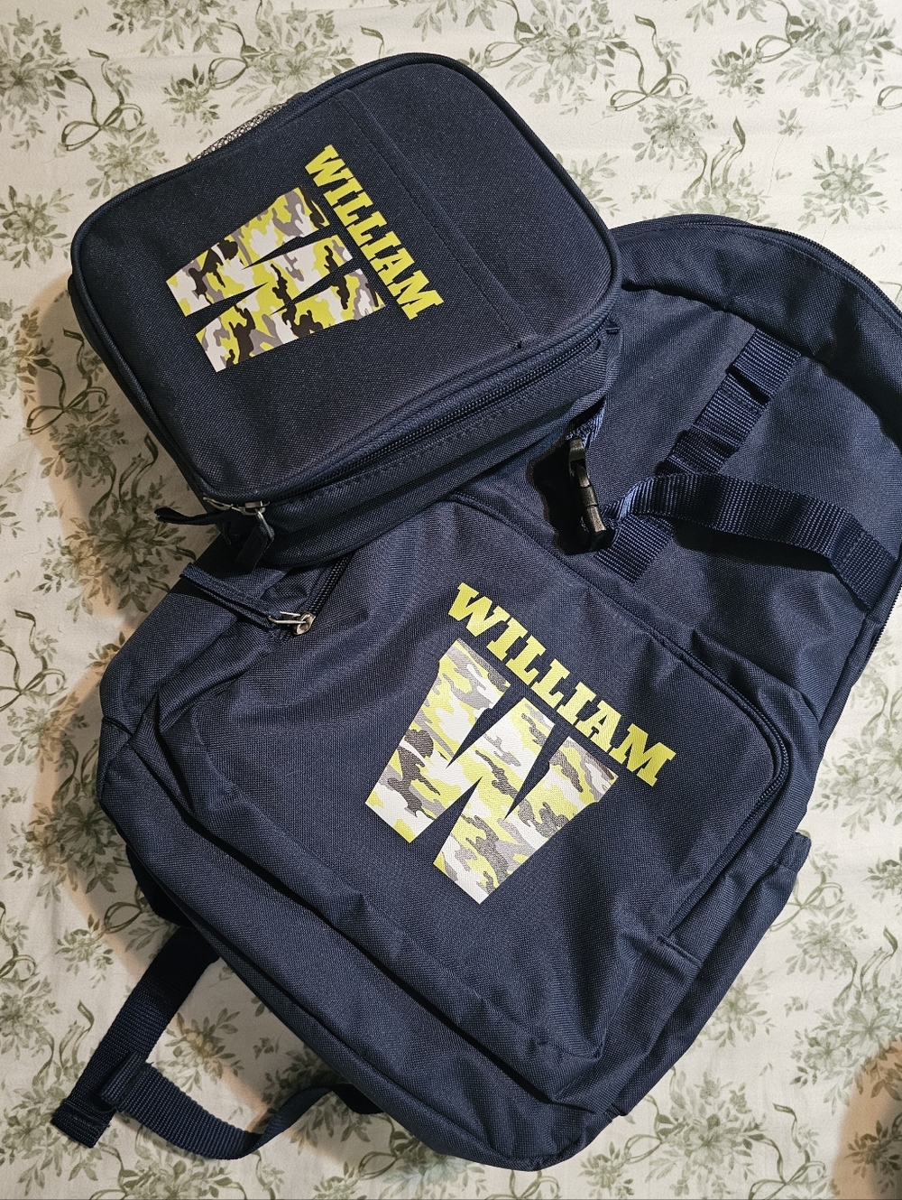 NEW Williams Name Navy Backpack And Lunchbox Set - Light Green Camo